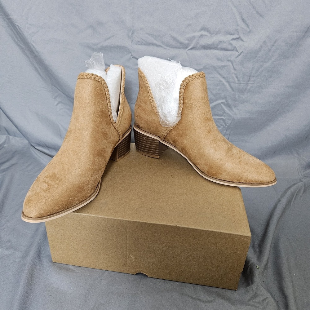 Women's‎ Faux Suede Ankle Boots Tan Block Heel Slip On Size 8 NEW